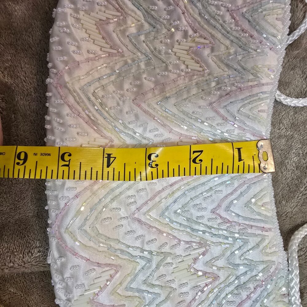 White Beaded Chevron Pattern Evening Purse With Satin Lining & Braided Strap - Picture 5 of 9